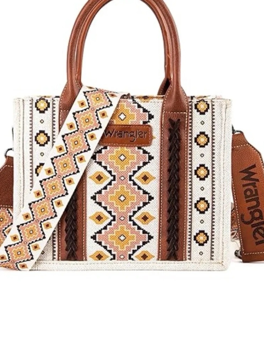 Wrangler White & Tan Embroidered Tote with Patterned Strap